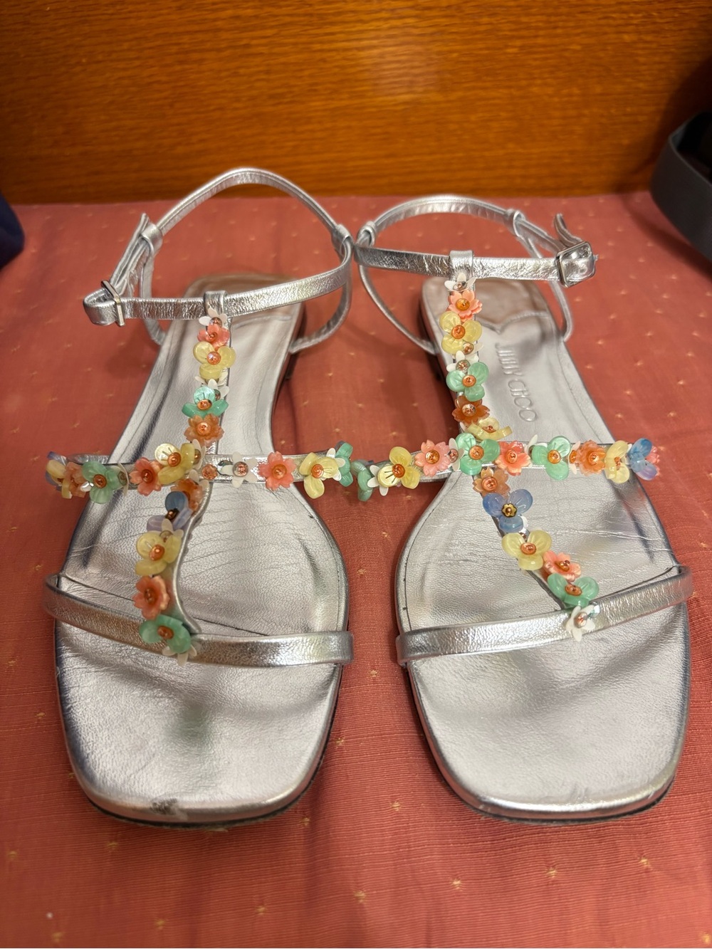 Jimmy Choo Silver Gwyn/Daisy Strap Sandals with Flower Accents